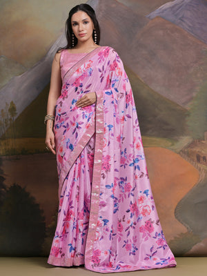Rajwada Pink Printed Chiffon Saree With Unstitched Blouse For Women