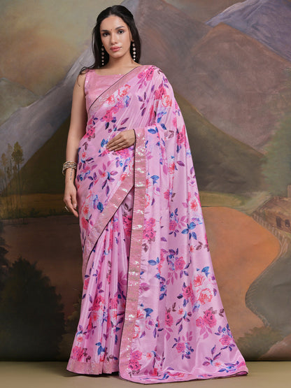 Rajwada Pink Printed Chiffon Saree With Unstitched Blouse For Women