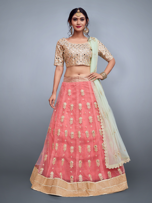 Rajwada Women Pink Embroidered Art Silk Semi Stitched Lehenga With Unstitched Blouse