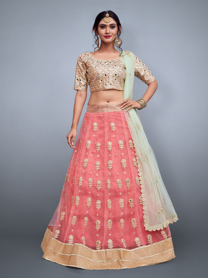 Rajwada Women Pink Embroidered Art Silk Semi Stitched Lehenga With Unstitched Blouse
