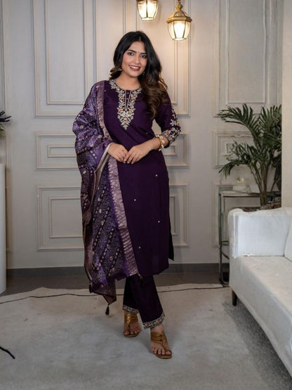 Rajwada Deep Purple Silk Blend Embroidered Kurta Set For Women