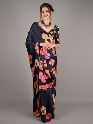 Black Silk Blend Digital Floral Print Saree With Unstitched Blouse