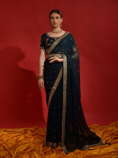 Rajwada Teal Embroidered Georgette Saree With Unstitched Blouse For Women