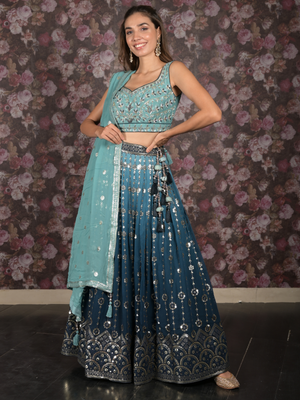 Rajwada Teal Stitched Sequins Embroidered Crepe Lehenga with Stitched Blouse And Dupatta For Women