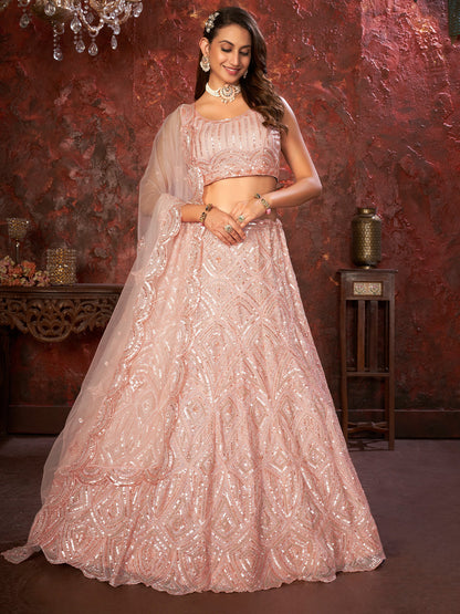 Rajwada Peach Net Embellished Semi Stitched Lehenga With Unstitched Blouse for Women