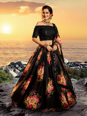 Rajwada Women Black Classy Semi Stitched Lehenga With  Unstitched Blouse
