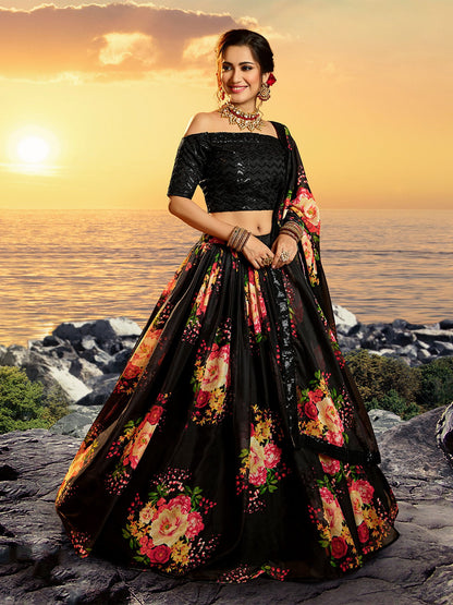 Rajwada Women Black Classy Semi Stitched Lehenga With  Unstitched Blouse