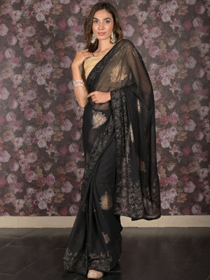 Rajwada Black Foil Printed Chiffon Saree with Unstitched Blouse for Women