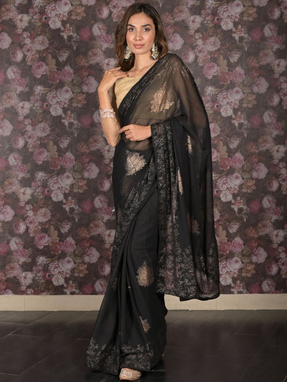 Rajwada Black Foil Printed Chiffon Saree with Unstitched Blouse for Women