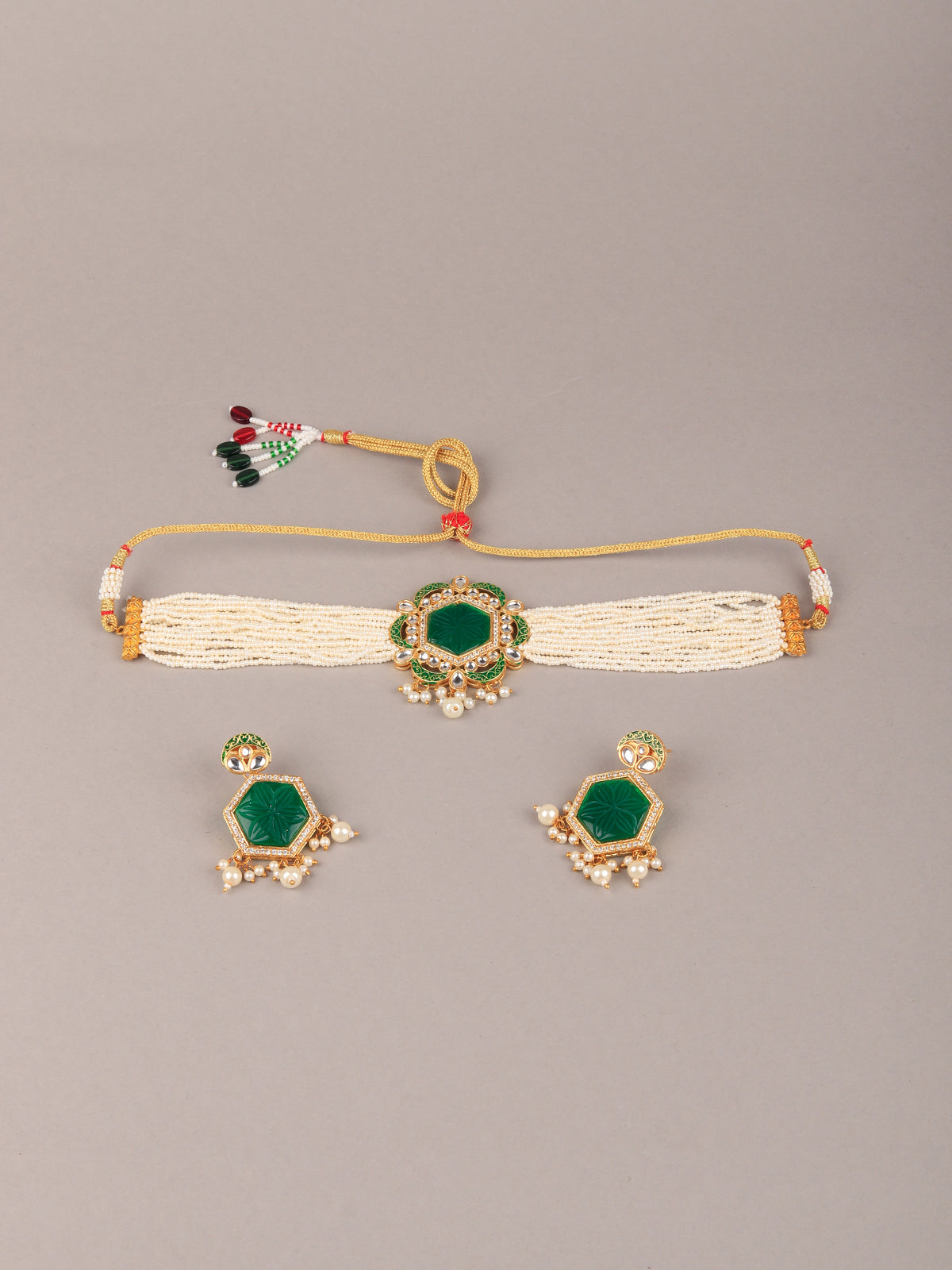 Rajwada - Green Stone and White Pearl Choker Set