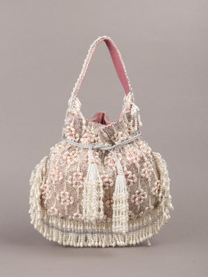 Odette Pink Embroidered Potli Bag with Tassels For Women