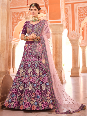 Rajwada Women Purple Crepe Semi Stitched Lehenga With Unstitched Blouse