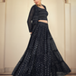 Rajwada Women Dark Blue Embroidered Georgette Semi Stitched Lehenga With Unstitched Blouse