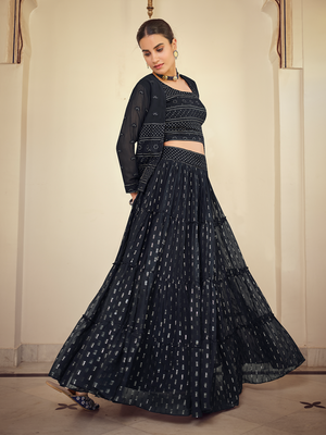 Rajwada Women Dark Blue Embroidered Georgette Semi Stitched Lehenga With Unstitched Blouse