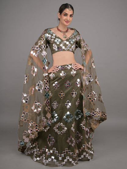 Rajwada Olive Net Foil Mirror Work Stitched Lehenga Set For Women
