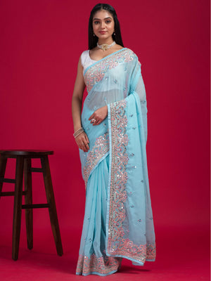 Rajwada - Blue Georgette Embroidered Saree with Unstitched Blouse