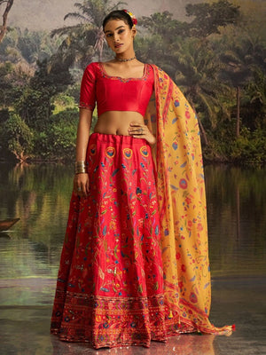 Rajwada Red Silk Blend Embroidered Semi-Stitched Lehenga Choli For Women