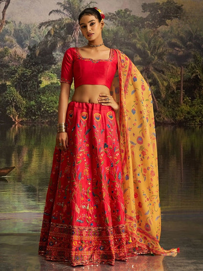 Rajwada Red Silk Blend Embroidered Semi-Stitched Lehenga Choli For Women