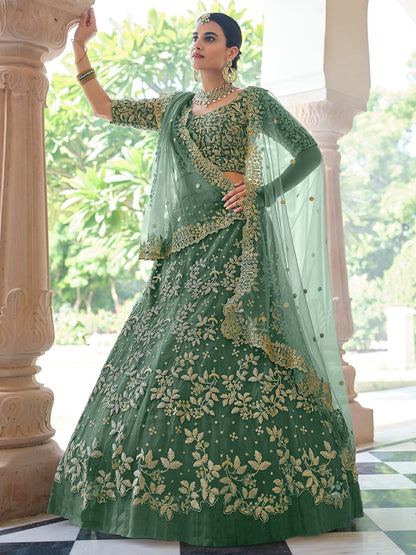 Rajwada Green Embroidered Soft Net Semi Stitched Lehenga With Blouse For Women