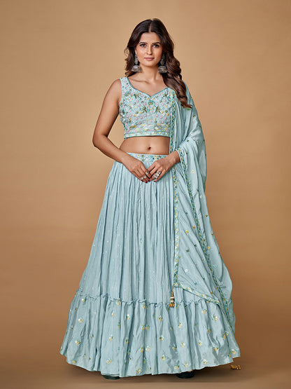 Rajwada Blue Embroidered Chiffon Stitched Lehenga With Blouse For Women