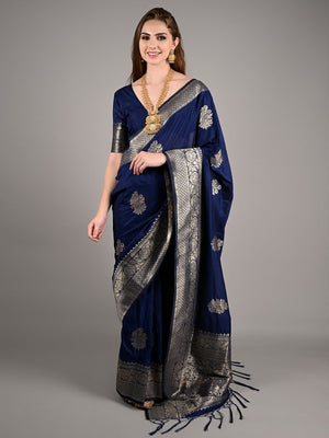 Dark Blue Nylon Woven Saree With Unstitched Blouse