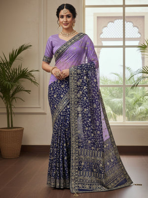 Rajwada Purple And Blue Georgette Embellished Solid Saree For Women