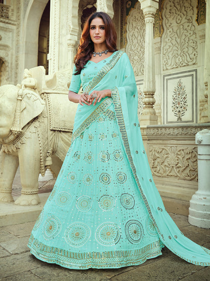 Rajwada Sea Green Embellished Georgette Semi Stitched Lehenga With Blouse For Women
