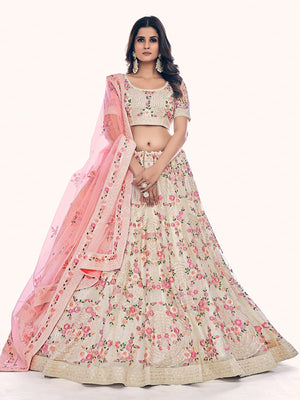 Rajwada Off White Embroidered Soft Net Semi Stitched Lehenga With Blouse For Women