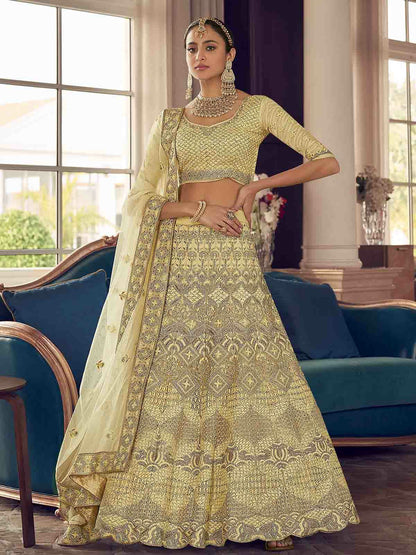 Rajwada Yellow Embroidered Crepe Semi Stitched Lehenga With Blouse For Women