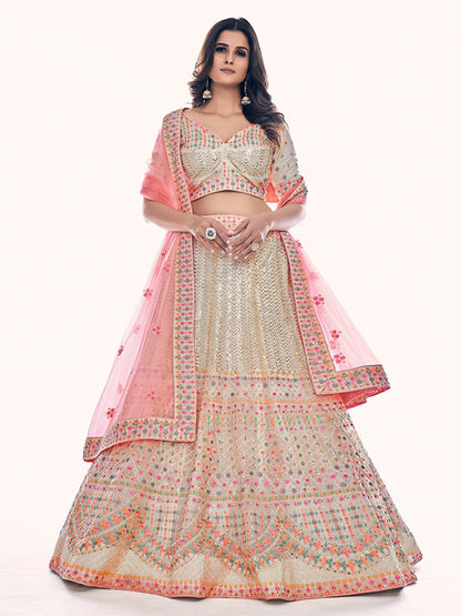 Rajwada Off White Embroidered Soft Net Semi Stitched Lehenga With Blouse For Women