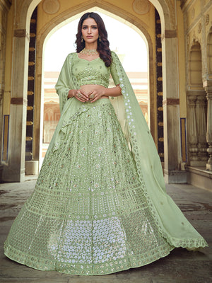 Rajwada Olive Embellished Georgette Semi Stitched Lehenga With Blouse For Women