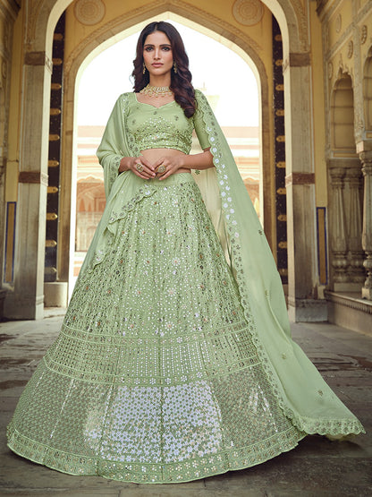 Rajwada Olive Embellished Georgette Semi Stitched Lehenga With Blouse For Women