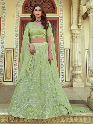 Rajwada Olive Embellished Georgette Semi Stitched Lehenga With Blouse For Women
