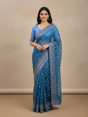 Rajwada Blue Georgette Embellished Solid Saree For Women