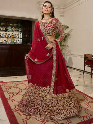 Rajwada Red Embroidered Georgette Semi Stitched Lehenga With Blouse For Women