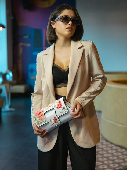 Rajwada White PU Embroidered Clutch For Women