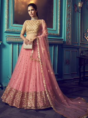 Rajwada Pink Embellished Soft Net Semi Stitched Lehenga With Blouse For Women