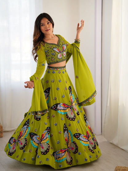 Rajwada Green Georgette Embroidered Semi-Stitched lehenga For Women