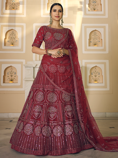 Rajwada Women Maroon Soft Net Semi Stitched Lehenga With Unstitched Blouse
