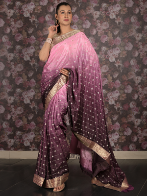 Rajwada Purple Shimmer Embellished Shaded Crepe Saree with Unstitched Blouse for Women