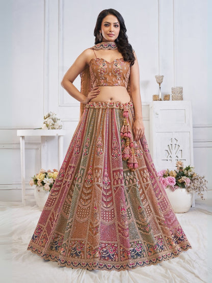 Rajwada Multicolor Soft Net Embellished Semi-Stitched Lehenga With Unstitched Blouse For Women