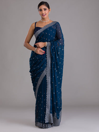 Rajwada Blue Embroidered Chiffon Saree With Unstitched Blouse For Women