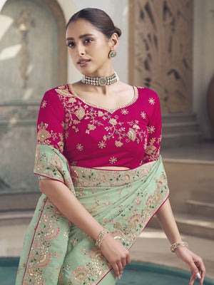 Rajwada Light Green Embroidered Silk Blend Saree With Unstitched Blouse For Women