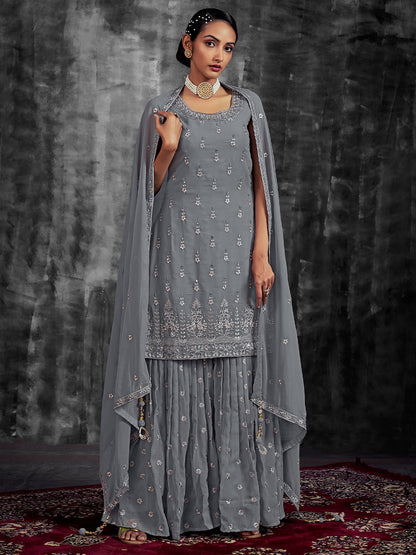 Rajwada Women Grey Embroidered Partywear  Stitched Kurtaset