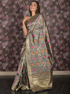 Rajwada Grey Silk Blend Woven Saree with Unstitched Blouse for Women