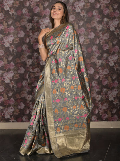 Rajwada Grey Silk Blend Woven Saree with Unstitched Blouse for Women