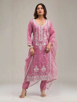 Rajwada Pink Cotton Blend Embroidered Semi-Stitched Kurta Set For Women