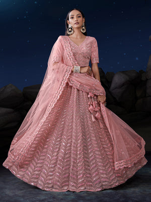 Rajwada Pink Embellished Soft Net Semi Stitched Lehenga With Blouse For Women