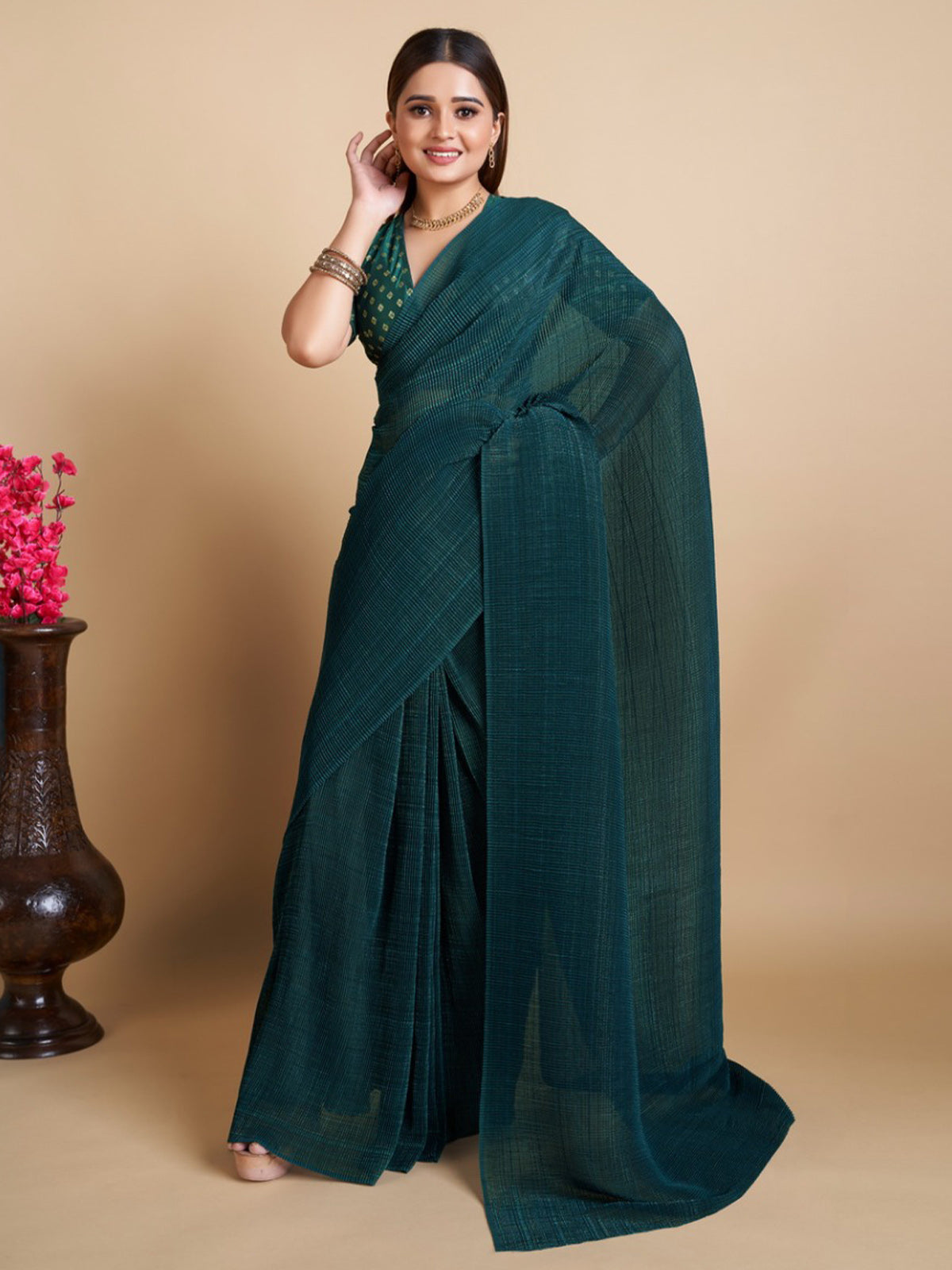 Rajwada - Stunning Teal Chiffon Georgette Saree with Stitched Blouse
