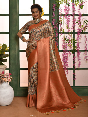 Rajwada Orange Soft Silk Woven Saree With Unstitched Blouse For Women